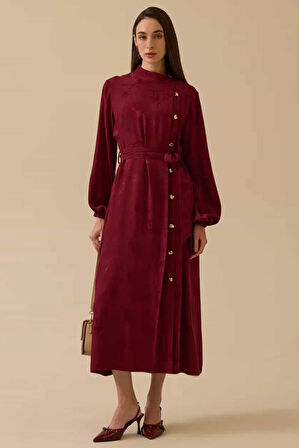 Kadın Desenli Pile Detaylı Kuşaklı Elbise - Bordo | 40