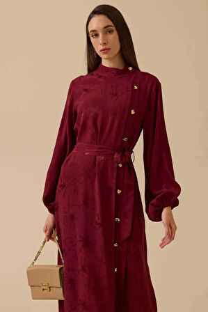 Kadın Desenli Pile Detaylı Kuşaklı Elbise - Bordo | 40