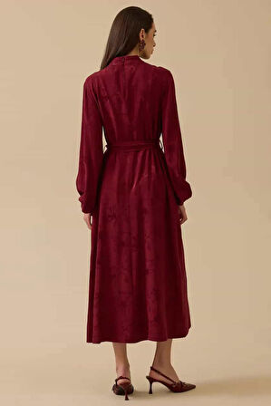 Kadın Desenli Pile Detaylı Kuşaklı Elbise - Bordo | 42