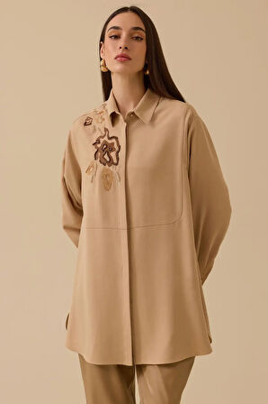 Kadın Nakışlı Boncuk Detaylı Gömlek - Camel | 38