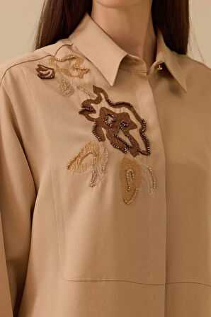 Kadın Nakışlı Boncuk Detaylı Gömlek - Camel | 38