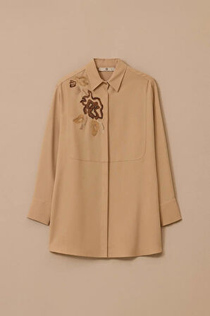 Kadın Nakışlı Boncuk Detaylı Gömlek - Camel | 38