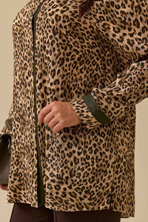Kadın Büyük Beden Leopar Desenli Gömlek - Camel | 46