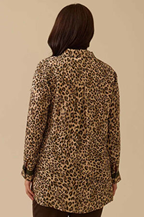 Kadın Büyük Beden Leopar Desenli Gömlek - Camel | 48