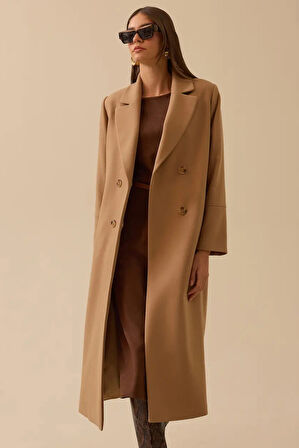 Kadın Kruvaze Uzun Klasik Kaban - Camel | 38