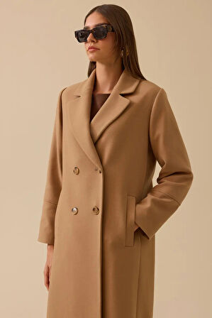 Kadın Kruvaze Uzun Klasik Kaban - Camel | 38