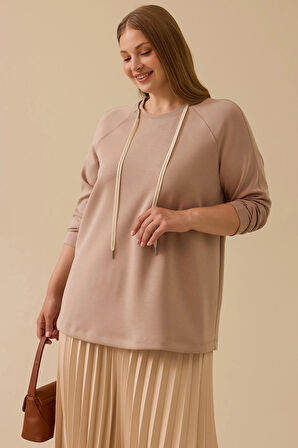 Galaxi Kadın Büyük Beden Bağcıklı Basic Sweatshirt 4002 Camel