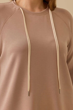 Galaxi Kadın Büyük Beden Bağcıklı Basic Sweatshirt 4002 Camel