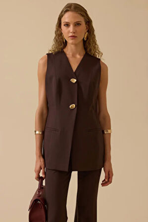Kadın V Yaka Gold Düğme Detaylı Yelek - Kahverengi | 42