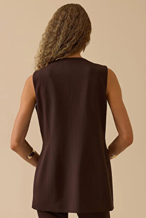 Kadın V Yaka Gold Düğme Detaylı Yelek - Kahverengi | 42