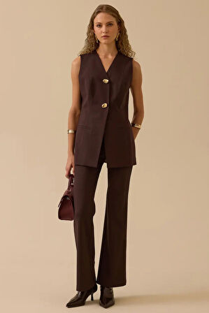 Kadın V Yaka Gold Düğme Detaylı Yelek - Kahverengi | 42