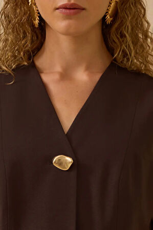 Kadın V Yaka Gold Düğme Detaylı Yelek - Kahverengi | 42