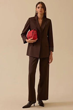 Kadın Çizgi Detaylı Tek Düğmeli Ceket - Kahverengi | 44