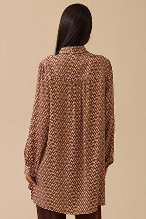 Kadın Regular Fit Fular Yakalı Desenli Tunik - Kahverengi | 44