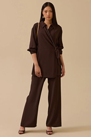 Seçil Kadın Boncuk Detaylı Bağlamalı Kruvaze Tunik 0007 Kahverengi