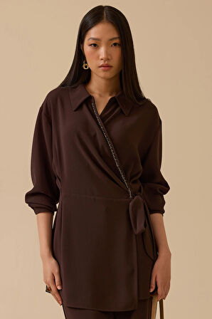 Seçil Kadın Boncuk Detaylı Bağlamalı Kruvaze Tunik 0007 Kahverengi