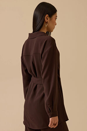 Seçil Kadın Boncuk Detaylı Bağlamalı Kruvaze Tunik 0007 Kahverengi