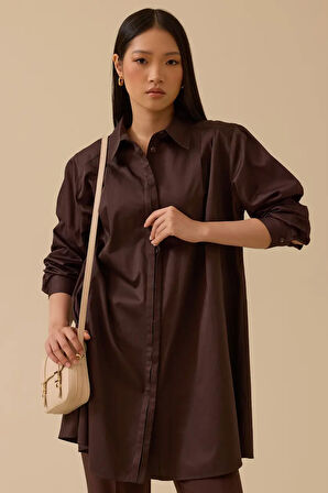 Kadın Omuz Pileli Oversize Tunik - Kahverengi  | 36