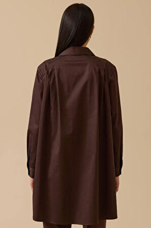 Kadın Omuz Pileli Oversize Tunik - Kahverengi  | 36