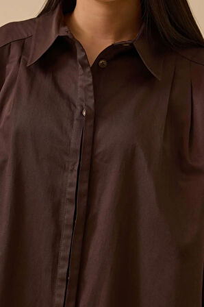 Kadın Omuz Pileli Oversize Tunik - Kahverengi  | 36