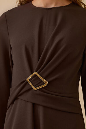 Seçil Kadın Tokalı Bel Detaylı Midi Elbise 0009 Kahverengi