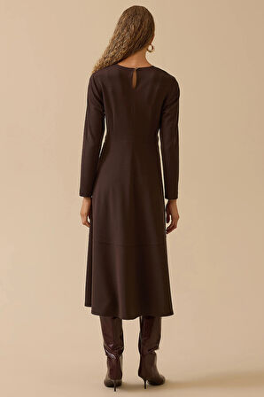 Seçil Kadın Tokalı Bel Detaylı Midi Elbise 0009 Kahverengi