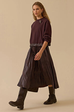 Seçil Kadın Taş Detaylı Suni Deri Pliseli Midi Elbise 1016 Kahverengi