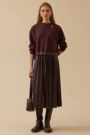 Seçil Kadın Taş Detaylı Suni Deri Pliseli Midi Elbise 1016 Kahverengi