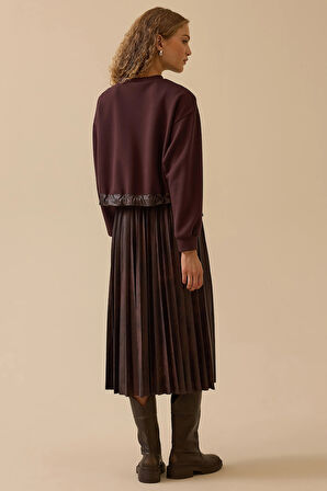 Seçil Kadın Taş Detaylı Suni Deri Pliseli Midi Elbise 1016 Kahverengi