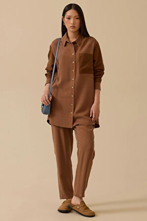 Seçil Kadın Süet Cep Detaylı Düğmeli Gömlek 1009 Kahverengi