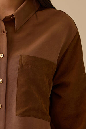 Seçil Kadın Süet Cep Detaylı Düğmeli Gömlek 1009 Kahverengi