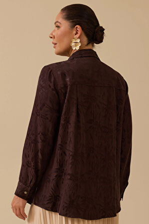 Galaxi Kadın Büyük Beden Çiçek Desenli Jakar Gömlek 4018 Kahverengi