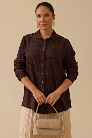 Galaxi Kadın Büyük Beden Çiçek Desenli Jakar Gömlek 4018 Kahverengi