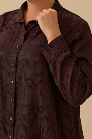 Galaxi Kadın Büyük Beden Çiçek Desenli Jakar Gömlek 4018 Kahverengi