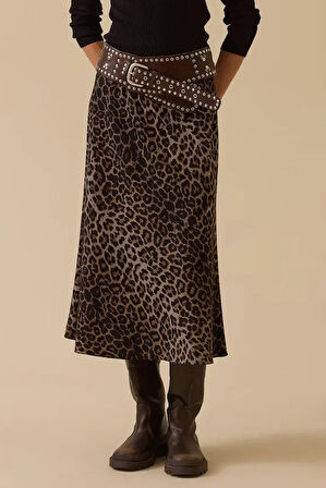 Kadın Leopar Desenli Düz Kesim Midi Etek - Kahverengi | 42