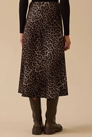 Kadın Leopar Desenli Düz Kesim Midi Etek - Kahverengi | 42