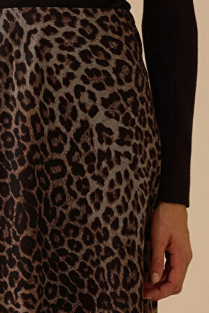 Kadın Leopar Desenli Düz Kesim Midi Etek - Kahverengi | 42