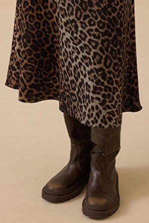 Kadın Leopar Desenli Düz Kesim Midi Etek - Kahverengi | 42