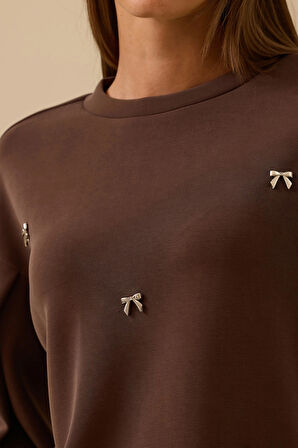 Seçil Kadın Aksesuar Detaylı Bol Kol Sweatshirt 0002 Kahverengi