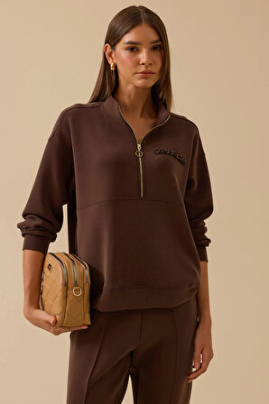 Seçil Kadın Boncuk Detaylı Fermuarlı Sweatshirt 0003 Kahverengi