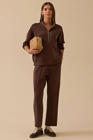 Seçil Kadın Boncuk Detaylı Fermuarlı Sweatshirt 0003 Kahverengi