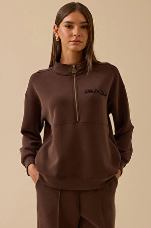 Seçil Kadın Boncuk Detaylı Fermuarlı Sweatshirt 0003 Kahverengi