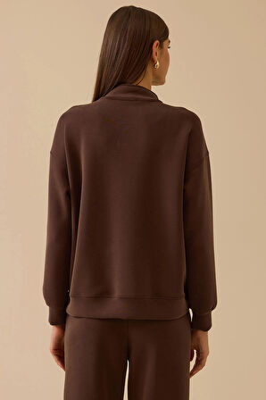 Seçil Kadın Boncuk Detaylı Fermuarlı Sweatshirt 0003 Kahverengi
