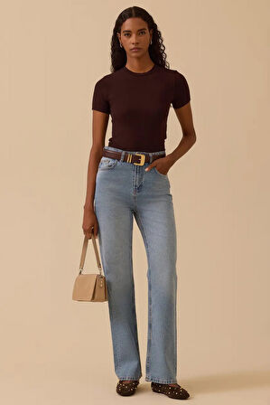 Kadın Yuvarlak Yaka Kısa Kollu Basic T-Shirt - Kahverengi | L