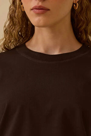 Kadın Kısa Kollu Basic T-Shirt - Kahverengi | M