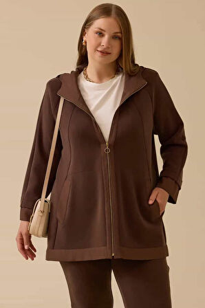 Kadın Büyük Beden Kapüşonlu Fermuarlı Kap - Kahverengi | 50