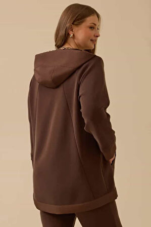 Kadın Büyük Beden Kapüşonlu Fermuarlı Kap - Kahverengi | 50