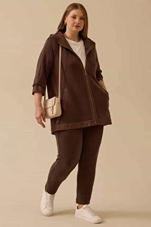 Kadın Büyük Beden Kapüşonlu Fermuarlı Kap - Kahverengi | 50