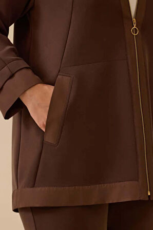 Kadın Büyük Beden Kapüşonlu Fermuarlı Kap - Kahverengi | 50