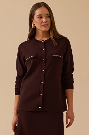 Seçil Kadın Yuvarlak Yaka Düğmeli Triko Hırka 1012 Kahverengi